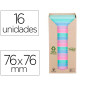 Bloc de notas adhesivas quita y pon post-it 76x76 mm 100% reciclada pefc en torre pack de 16 unidades colores