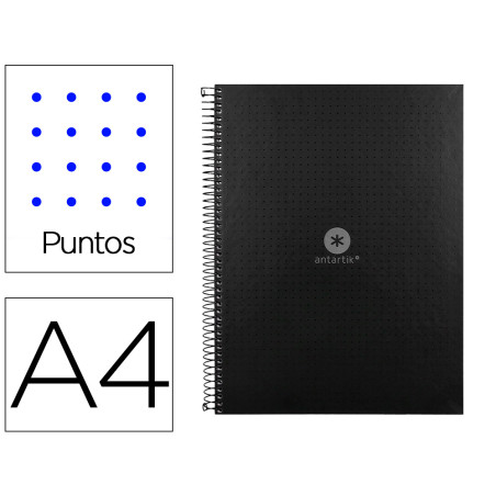 Cuaderno espiral a4 micro antartik dots tapa forrada 80h 90 gr rayado puntos 1 banda 4 taladros negro