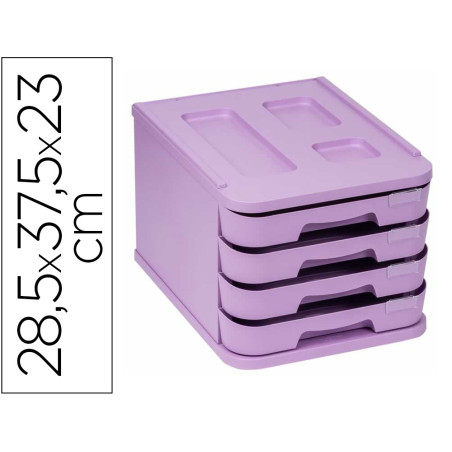 Fichero cajones de sobremesa faibo plastico 100% reciclable 4 cajones violeta pastel 28,5x37,5x23 cm