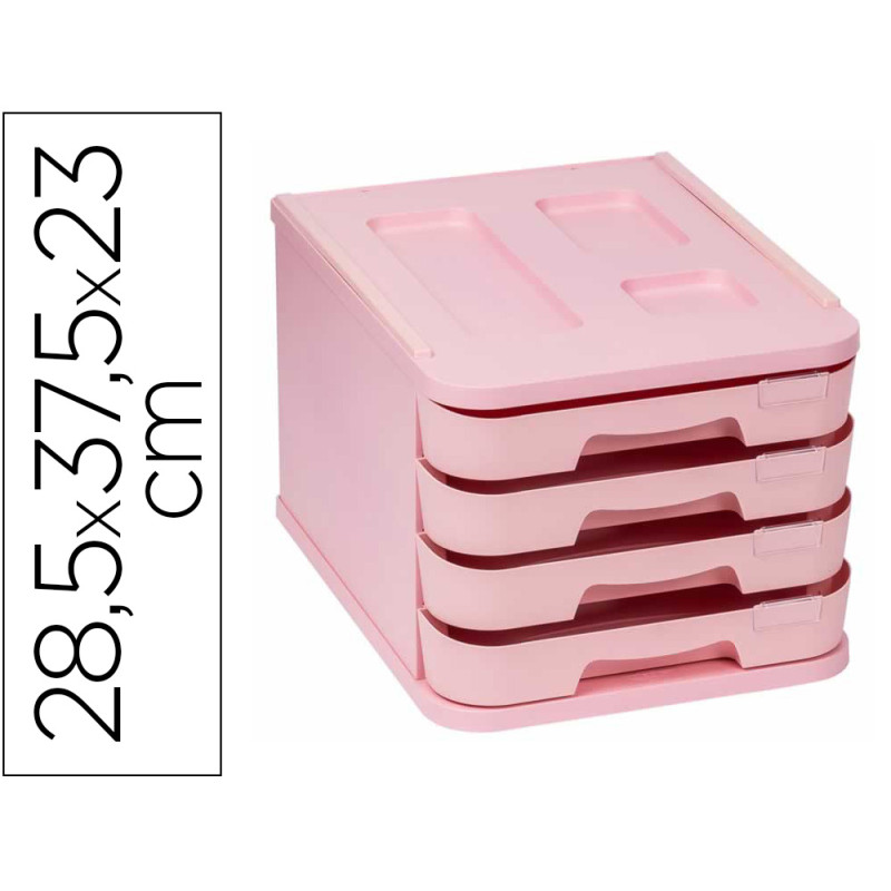 Fichero cajones de sobremesa faibo plastico 100% reciclable 4 cajones rosa pastel 28,5x37,5x23 cm