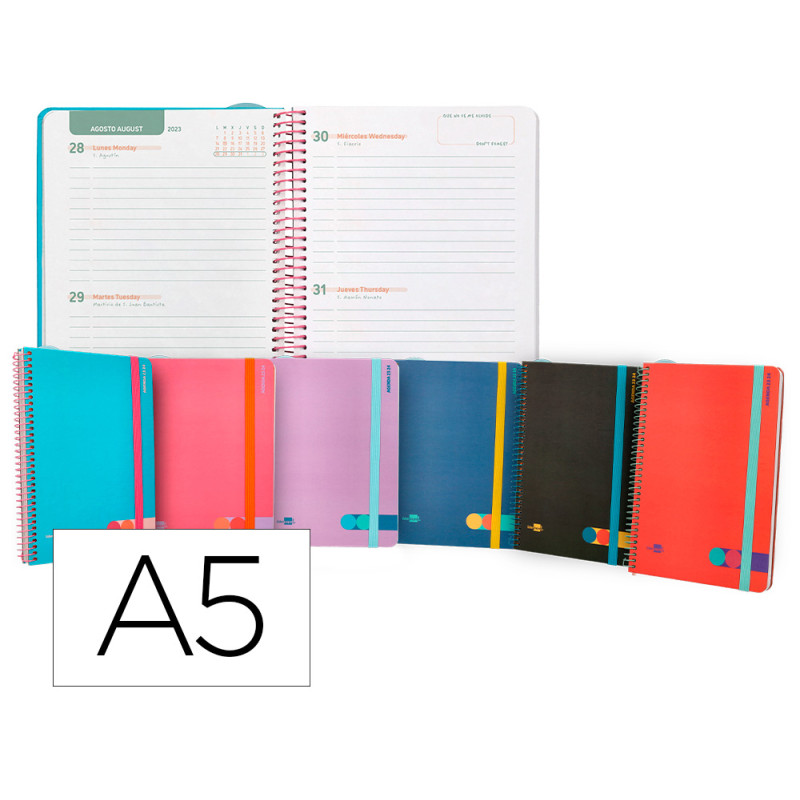 Agenda escolar liderpapel curso 23-24 college classic din a5 bilingue dos dias pagina espiral cierre con