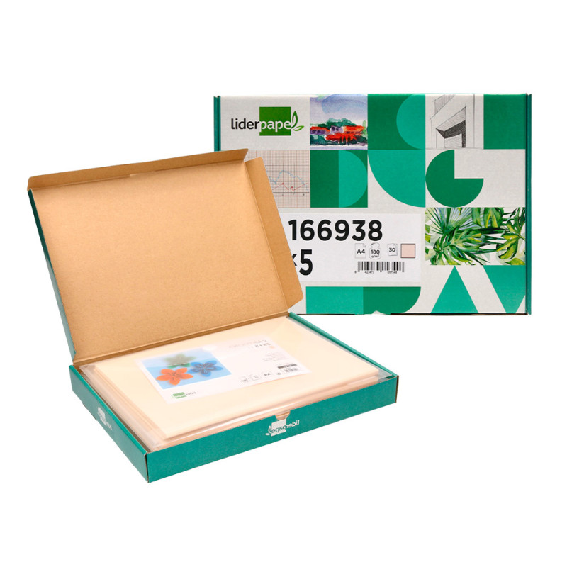 Cartulina liderpapel a4 180g/m2 crema paquete de 25+5 hojas en carpeta dossier transparente con cierre velcro