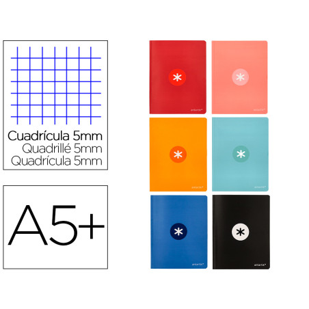 Libreta antartik a5+ plus cosida 48 hojas 90g/m2 cuadro 5mm con margen 6 colores surtidos
