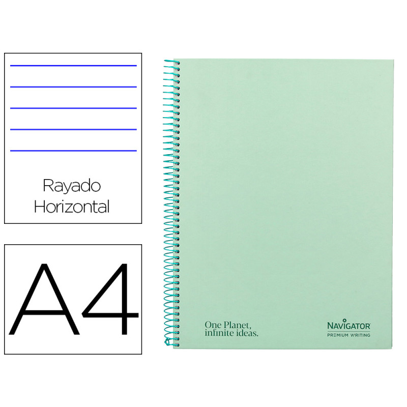 Cuaderno espiral navigator a4 tapa dura 80h 80gr horizontal con margen menta