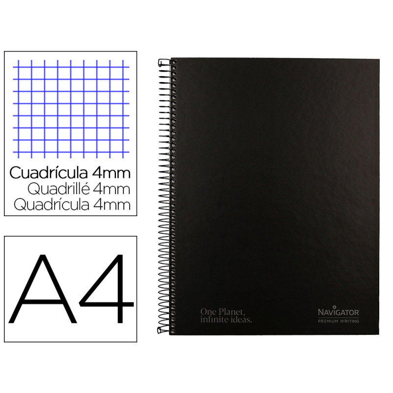 Cuaderno espiral navigator a4 tapa dura 80h 80gr cuadro 4mm con margen negro