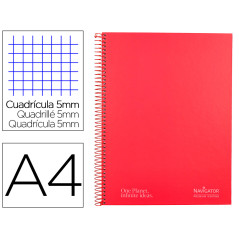 Cuaderno espiral navigator a4 micro tapa forrada 120h 80gr cuadro 5mm 5 bandas 4 taladros color rojo