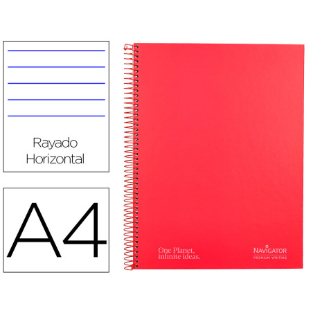 Cuaderno espiral navigator a4 micro tapa forrada 80h 80gr horizontal 1 banda color rojo
