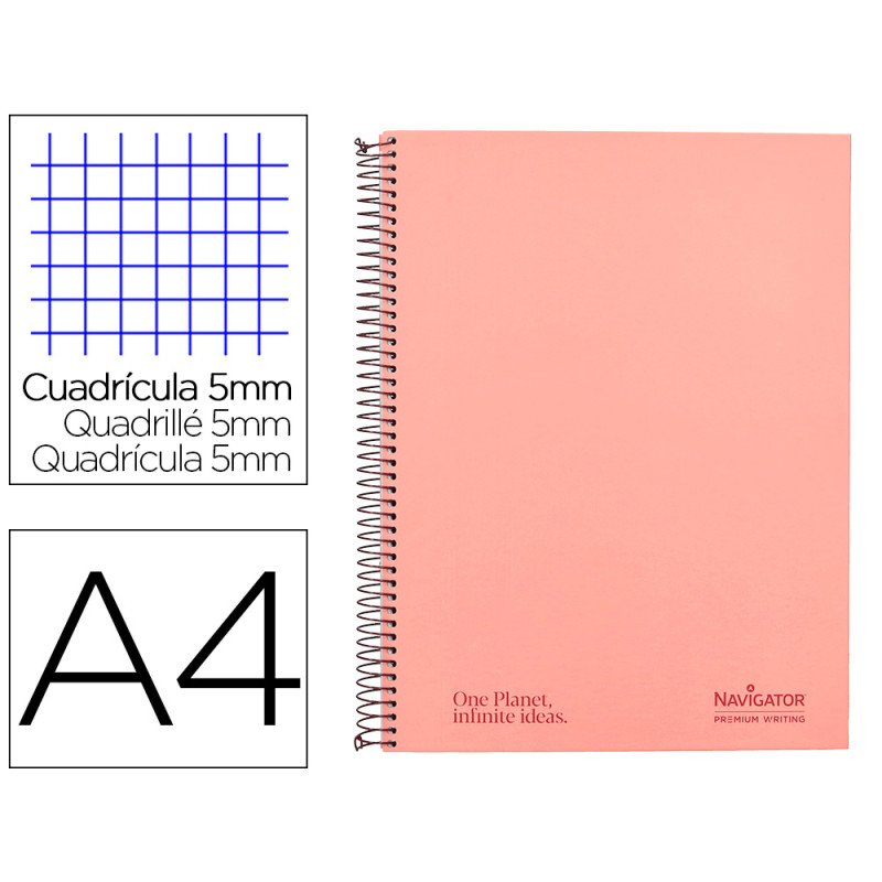Cuaderno espiral navigator a4 micro tapa forrada 80h 80gr cuadro 5mm 1 banda color coral