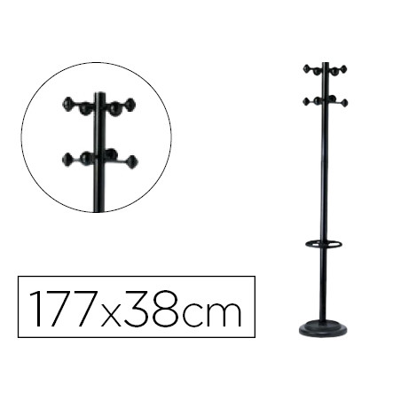 Perchero metalico unilux accueil pie 8 colgadores con paraguero y bandeja goteo negro 177 x 38 cm