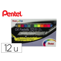 Lapices pentel oil pastel caja de 6 colores metalicos y 6 colores fluorescente
