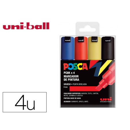 Rotulador uni posca pc-8k/4c marcador de pintura punta biselada 8 mm estuche de 4 unidades colores basicos