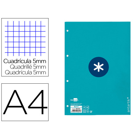 Recambio antartik a4 80 hojas 90gr cuadro 5mm 4 taladros 1 banda con marco color turquesa