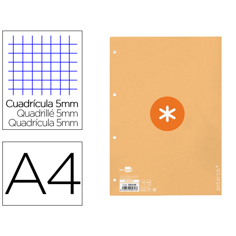 Recambio antartik a4 80 hojas 90g/m2 cuadro 5mm 4 taladros 1 banda con marco color peach