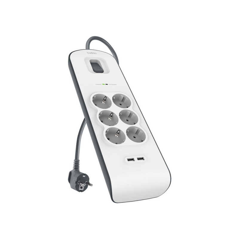 Regleta belkin bsv604vf2m de proteccion contra sobretensiones 6 tomas + 2 puertos usb (2,4 a) boton de