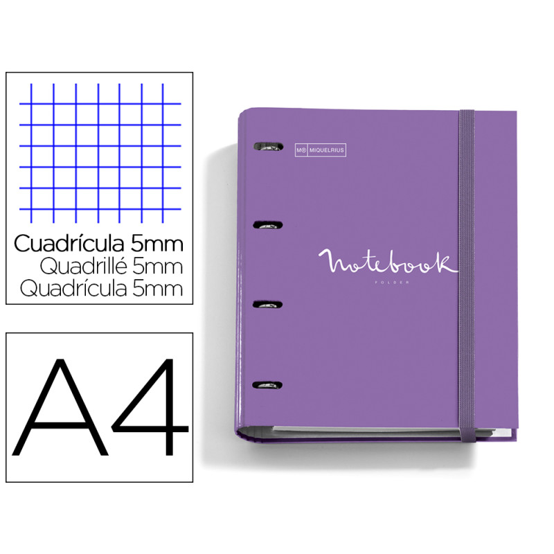 Carpeta con recambio miquelrius emotions din a4 cuadro 5 mm 4 anillas 35 mm color purpura