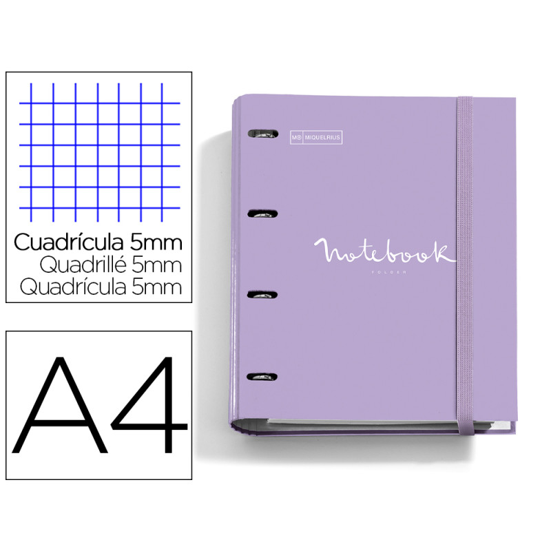 Carpeta con recambio miquelrius emotions din a4 cuadro 5 mm 4 anillas 35 mm color lavanda