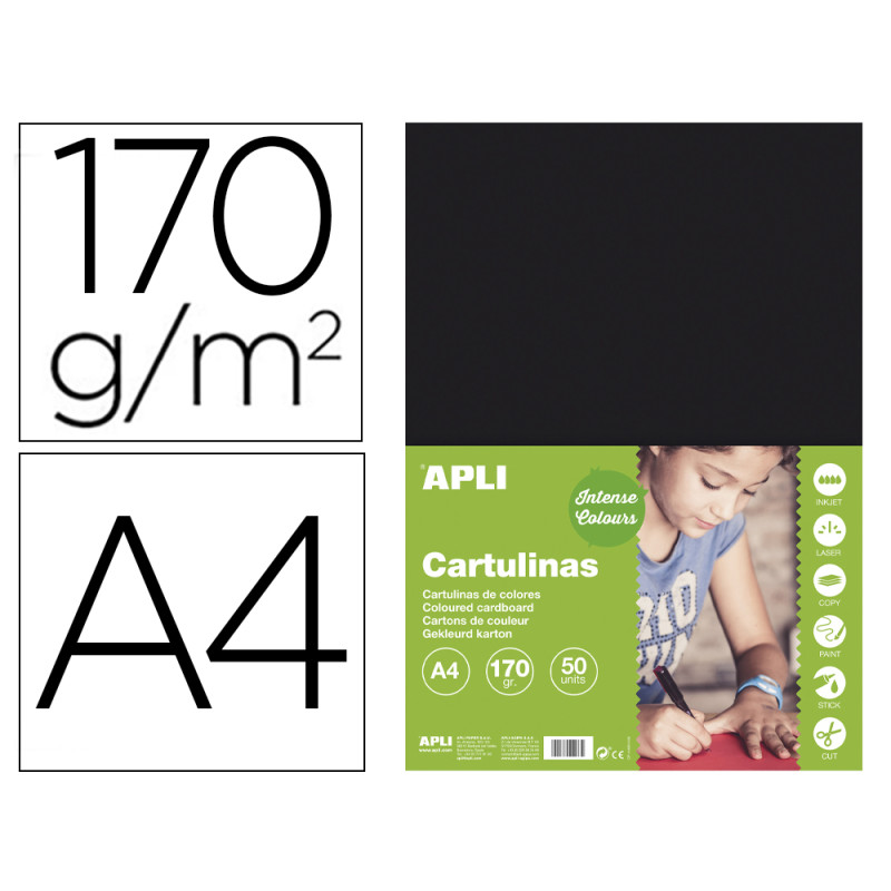 Cartulina apli din a4 170g/m2 negro paquete de 50 hojas