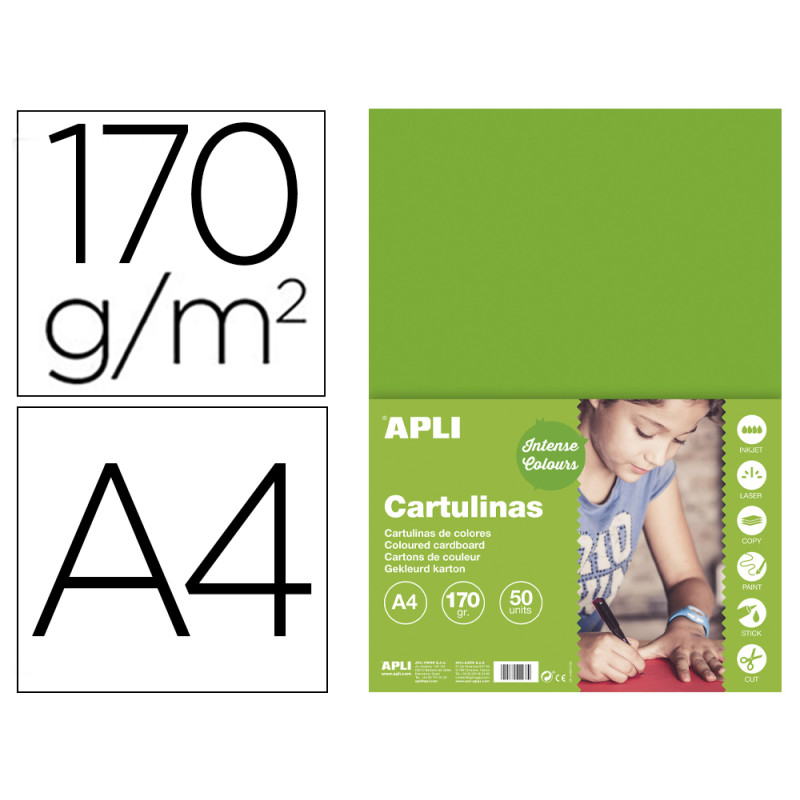 Cartulina apli din a4 170g/m2 verde hierba paquete de 50 hojas