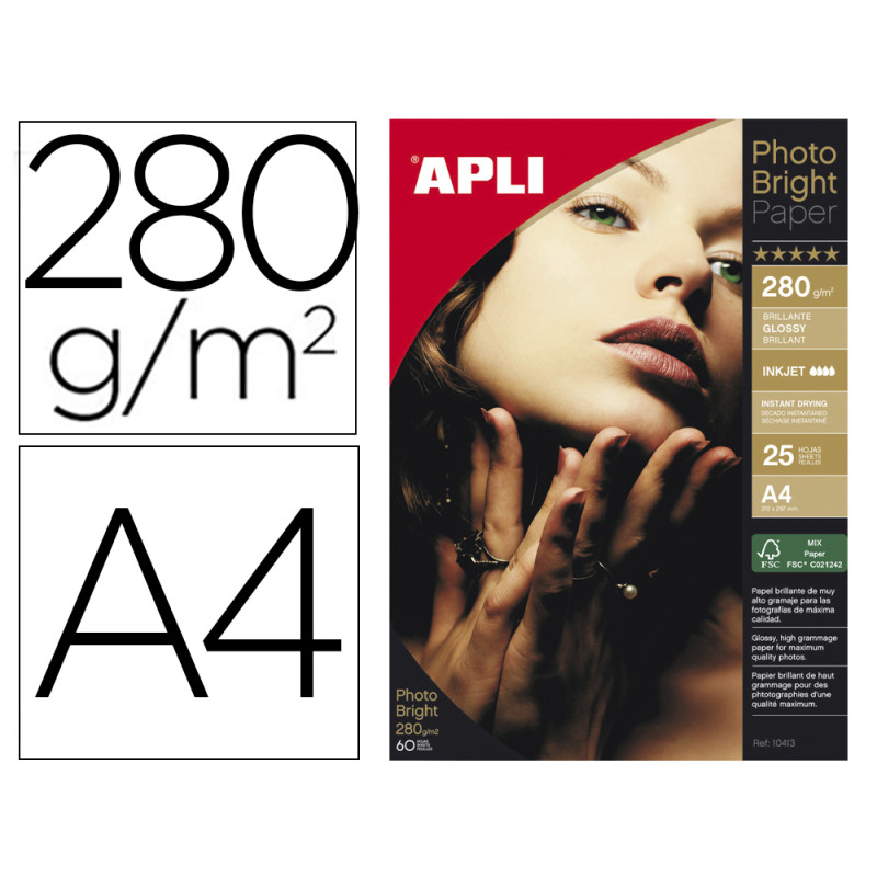 Papel fotografico apli glossy din a4 ink-jet 280 gr pack de 25 hojas