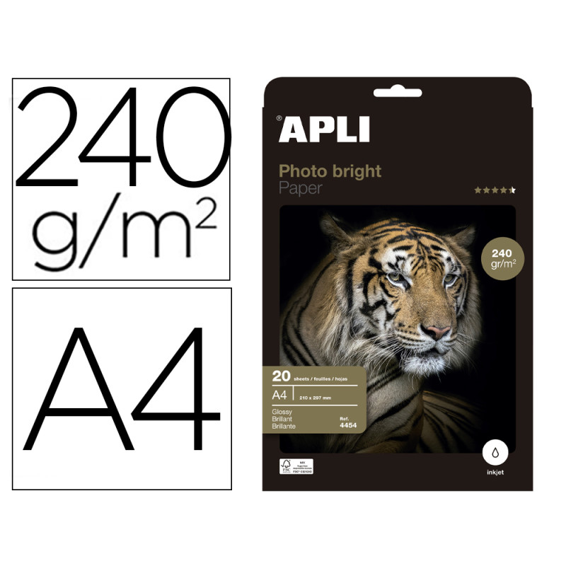 Papel fotografico apli glossy din a4 ink-jet 240 gr pack de 20 hojas