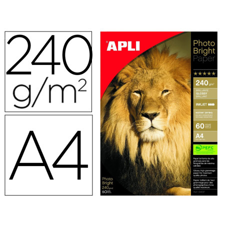 Papel fotografico apli glossy din a4 ink-jet 240 gr pack de 60 hojas