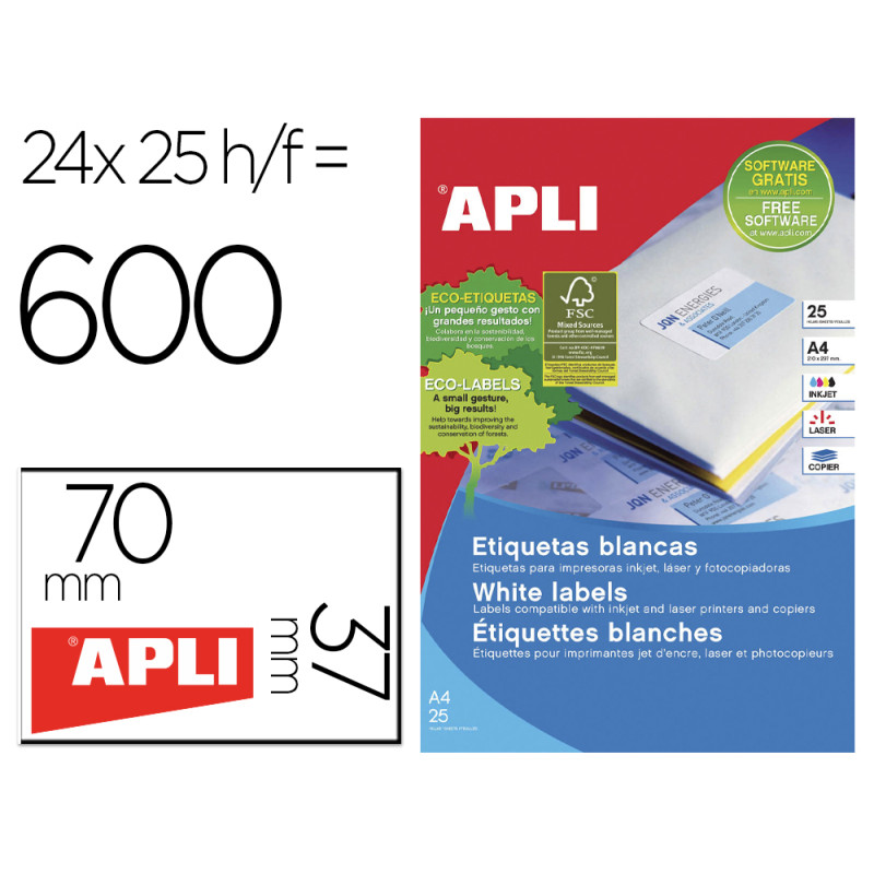 Etiqueta adhesiva apli 1212 70x37 mm para fotocopiadora laser ink-jet caja de 25 hojas
