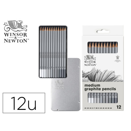 Lapices de grafito medium winsor&newton studio coleccion caja metalica con 12 unidades graduaciones surtidas
