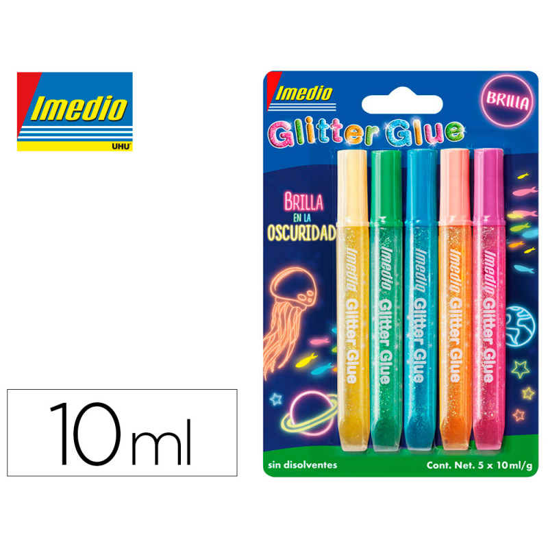Pegamento imedio glitter glue brilla en la oscuridad para manualidades 10 ml blister de 5 unidades colores surtidos