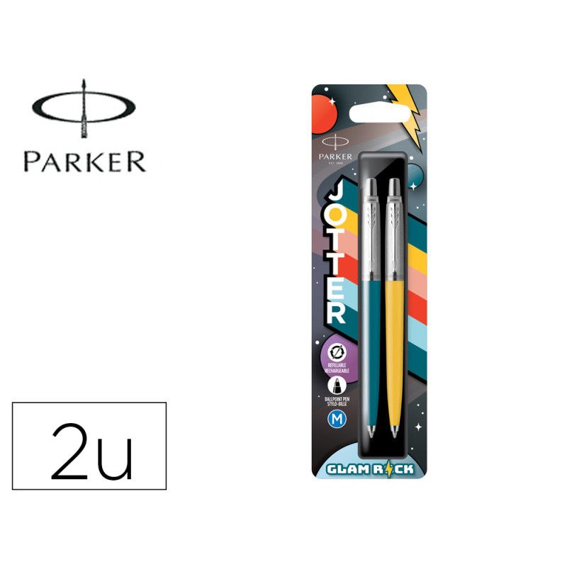 Boligrafo parker jotter original años 70 glam rock azul/amarillo blister de 2 unidades