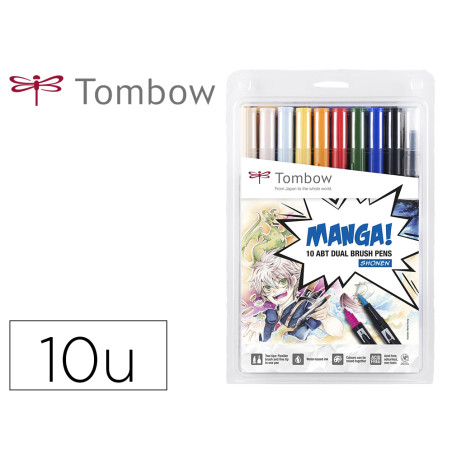 Rotulador tombow abt dual brush acuarelable doble punta fina/pincel estuche de 10 colores manga shonen