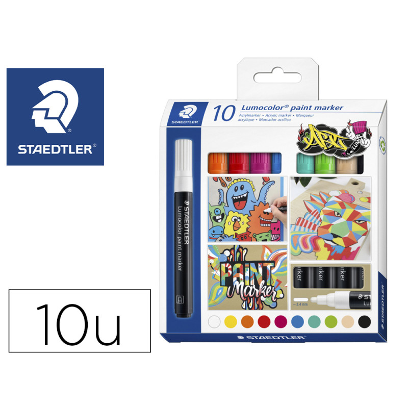 Rotulador staedtler tinta acrilica punta redonda 2,4 mm estuche de 10 unidades colores surtidos