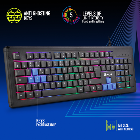 Teclado ngs gaming gkx-305 multimedia 104 teclas 5 niveles intensidad luz cable 1,8 m negro 444x141x36 mm