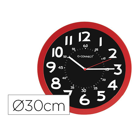 Reloj q-connect de pared plastico oficina redondo 30 cm color rojo y esfera color negro