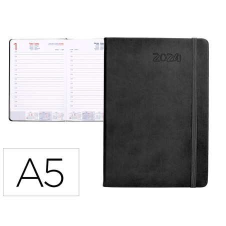 Agenda encuadernada liderpapel esparta 15x21 cm 2024 dia pagina con gomilla color gris papel 70 gr