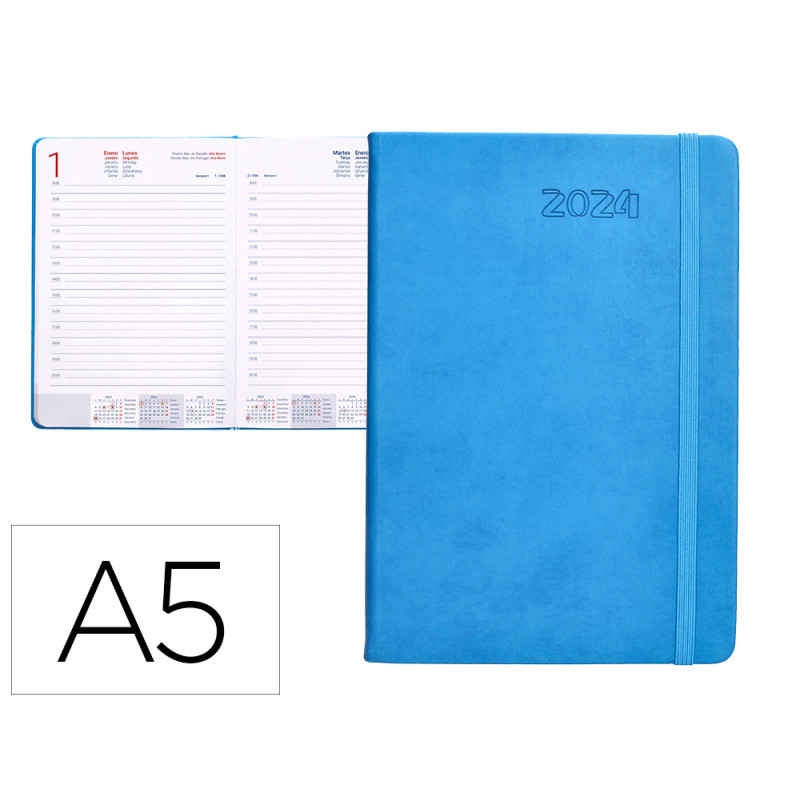 Agenda encuadernada liderpapel esparta 15x21 cm 2024 dia pagina con gomilla color azul papel 70 gr