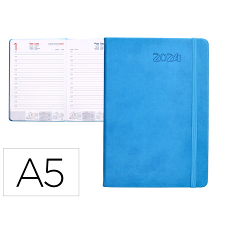 Agenda encuadernada liderpapel esparta 15x21 cm 2024 dia pagina con gomilla color azul papel 70 gr