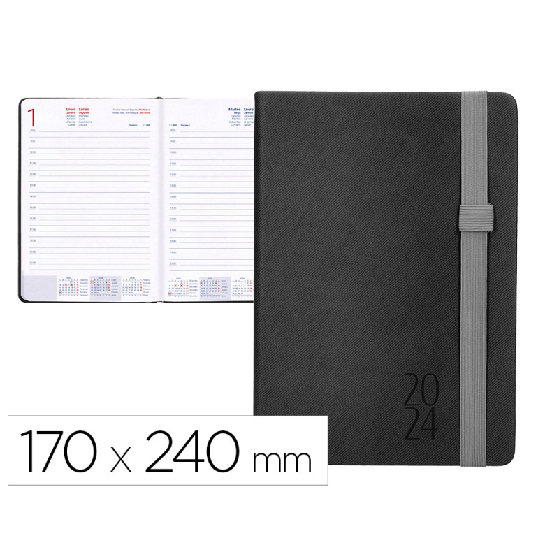Agenda encuadernada liderpapel larisis 17x24 cm 2024 dia pagina color negro papel 70 gr