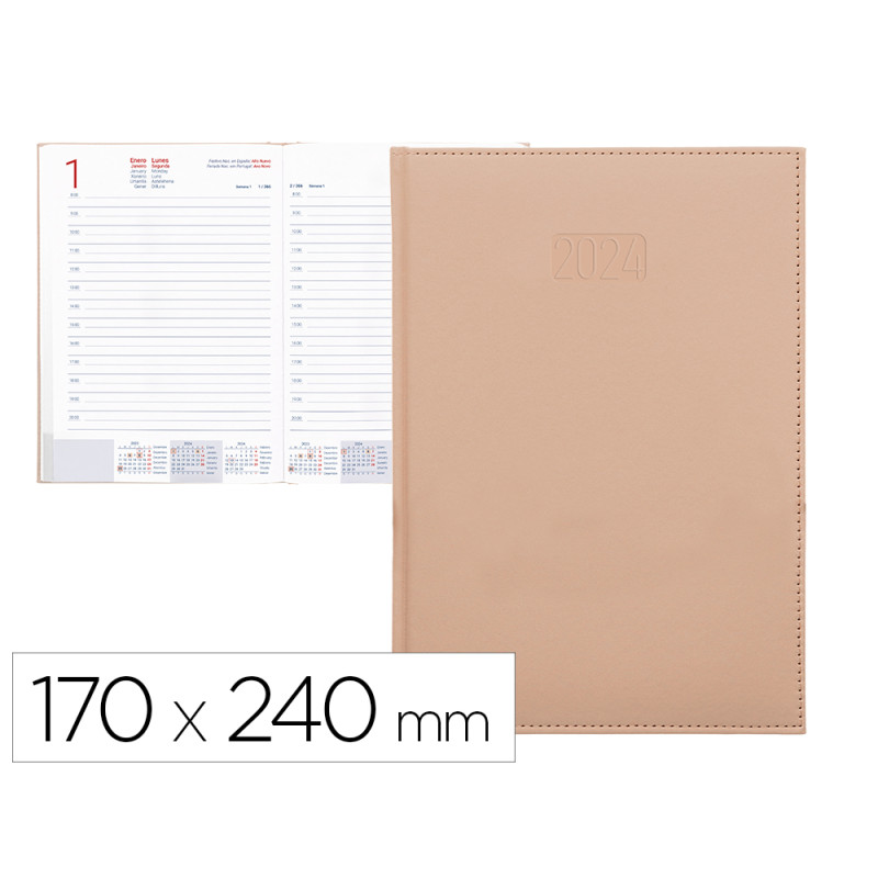 Agenda encuadernada liderpapel creta 17x24 cm 2024 dia pagina color nude papel 70 gr