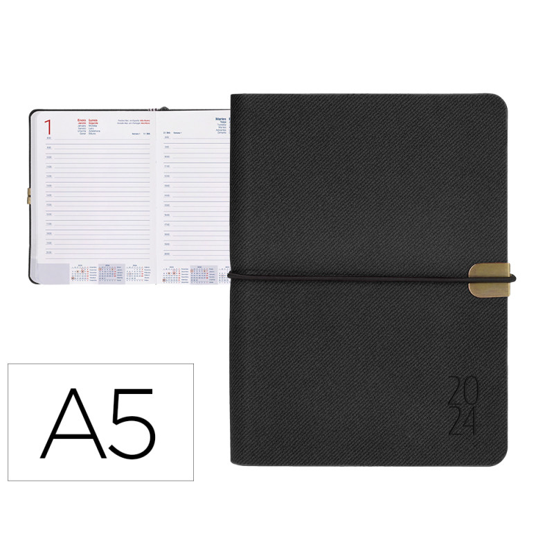 Agenda encuadernada liderpapel egina a5 2024 dia pagina color negro papel 70 gr