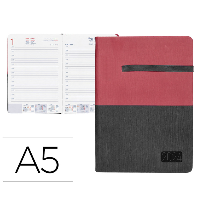 Agenda encuadernada liderpapel leontio a5 2024 dia pagina gris y rojo papel 70 gr