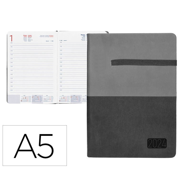 Agenda encuadernada liderpapel leontio a5 2024 dia pagina color gris papel 70 gr