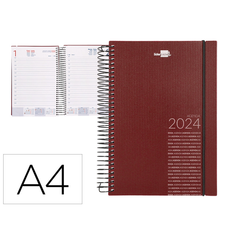 Agenda espiral liderpapel olbia din a4 2024 dia pagina tapa polipropileno metalizado burdeos papel 60 gr