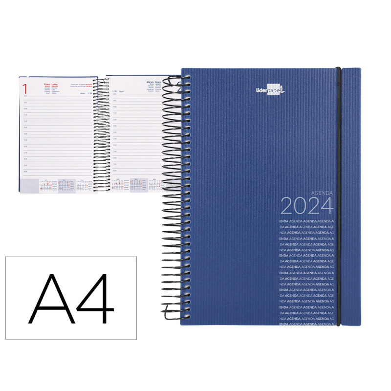 Agenda espiral liderpapel olbia din a4 2024 dia pagina tapa polipropileno metalizado azul papel 60 gr