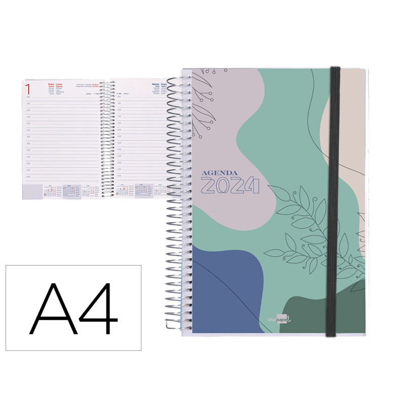 Agenda espiral liderpapel tinos a4 2024 dia pagina portada polipropileno personalizable papel 70 gr