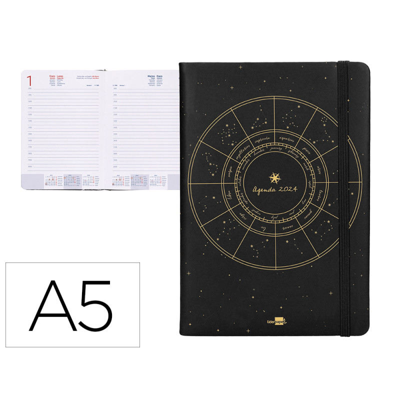Agenda encuadernada liderpapel efira a5 2024 dia pagina color negro papel 70 gr