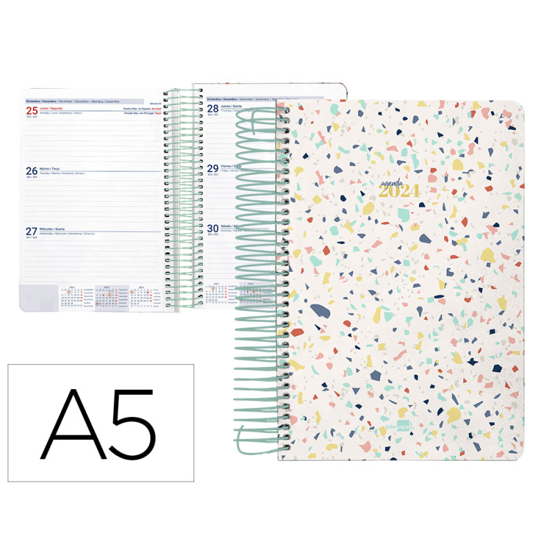 Agenda espiral liderpapel perissa a5 2024 semana vista papel 80 gr diseño terrazo