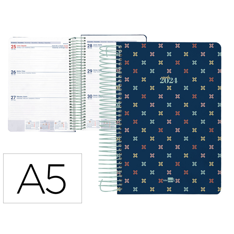 Agenda espiral liderpapel perissa a5 2024 semana vista papel 80 gr diseño cross