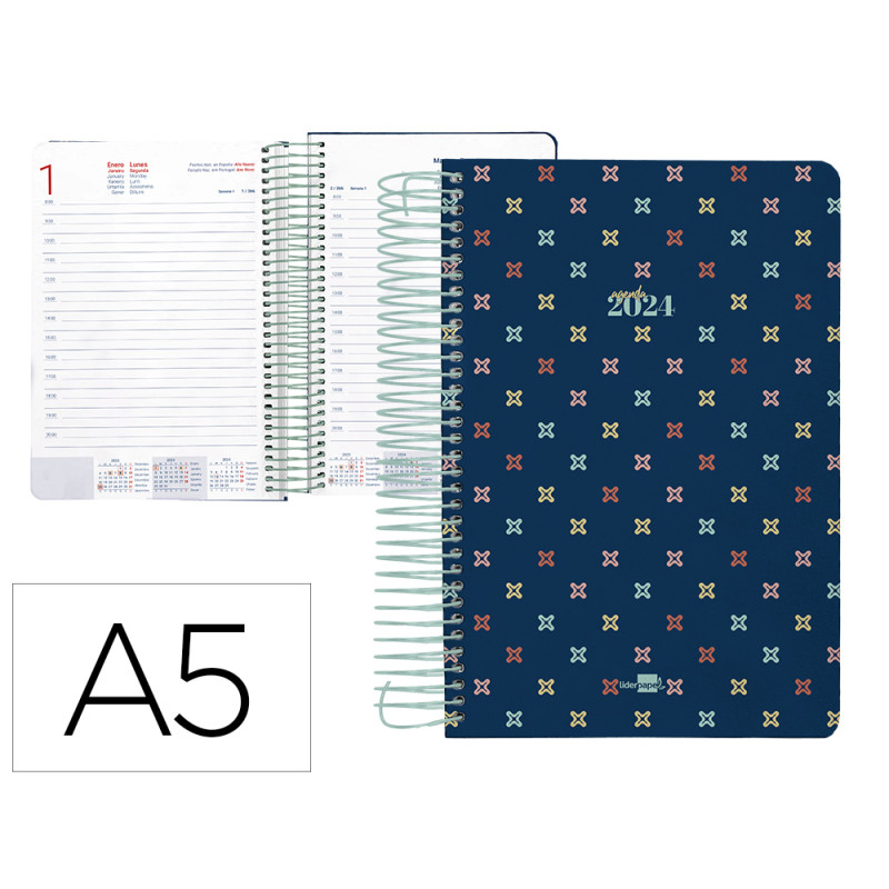 Agenda espiral liderpapel perissa a5 2024 dia pagina papel 80 gr diseño cross