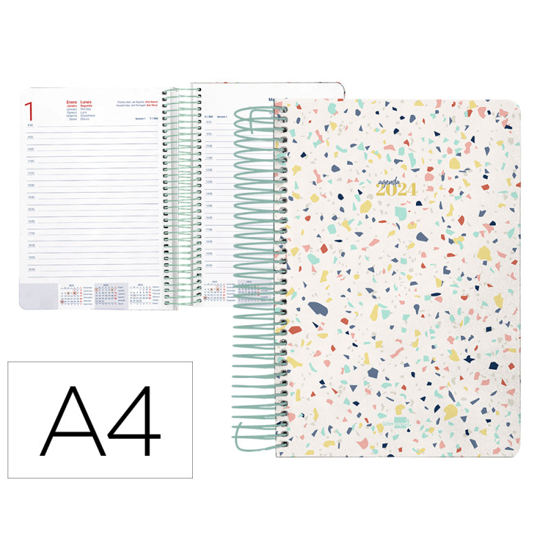 Agenda espiral liderpapel perissa a4 2024 dia pagina papel 80 gr diseño terrazo