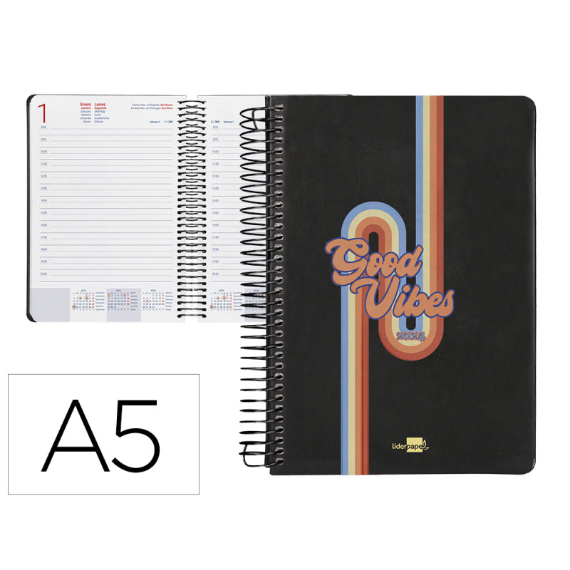 Agenda espiral liderpapel zante 15x21 cm 2024 dia pagina color negro papel 70 gr